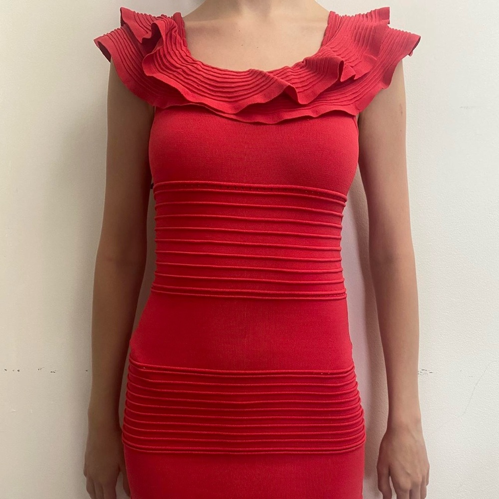 GUESS by Marciano Off the Shoulder Bandage Red Ruffled Mini Dress